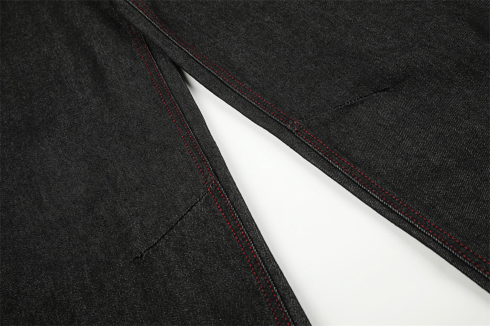 Wide-Leg Barrel Jeans – Men's High-Street Curved Silhouette with Red Stitching