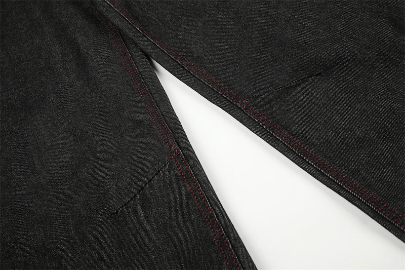 Wide-Leg Barrel Jeans – Men's High-Street Curved Silhouette with Red Stitching