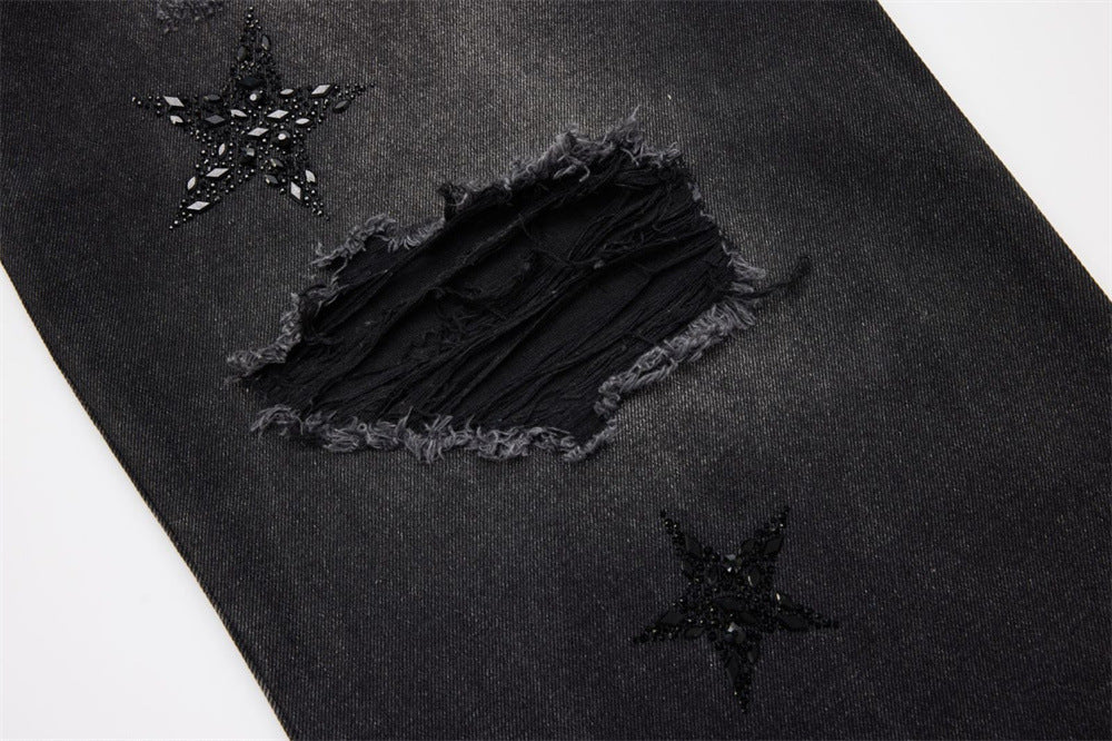 Ripped Baggy Jeans Men – Star Rhinestone & Sequin Wide-Leg Black Distressed