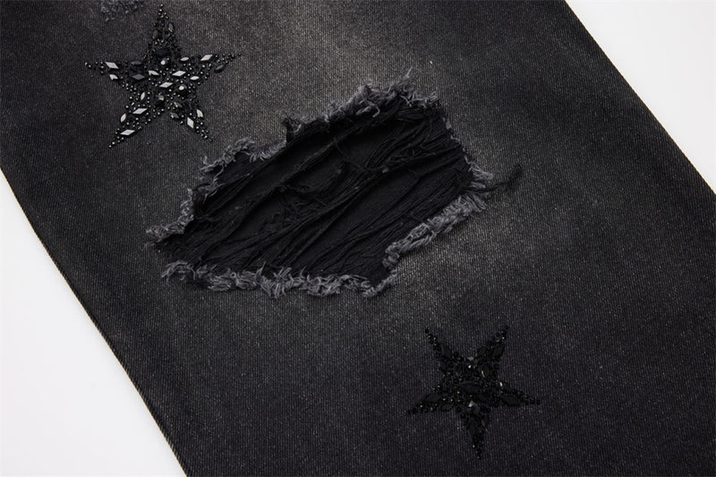 Ripped Baggy Jeans Men – Star Rhinestone & Sequin Wide-Leg Black Distressed