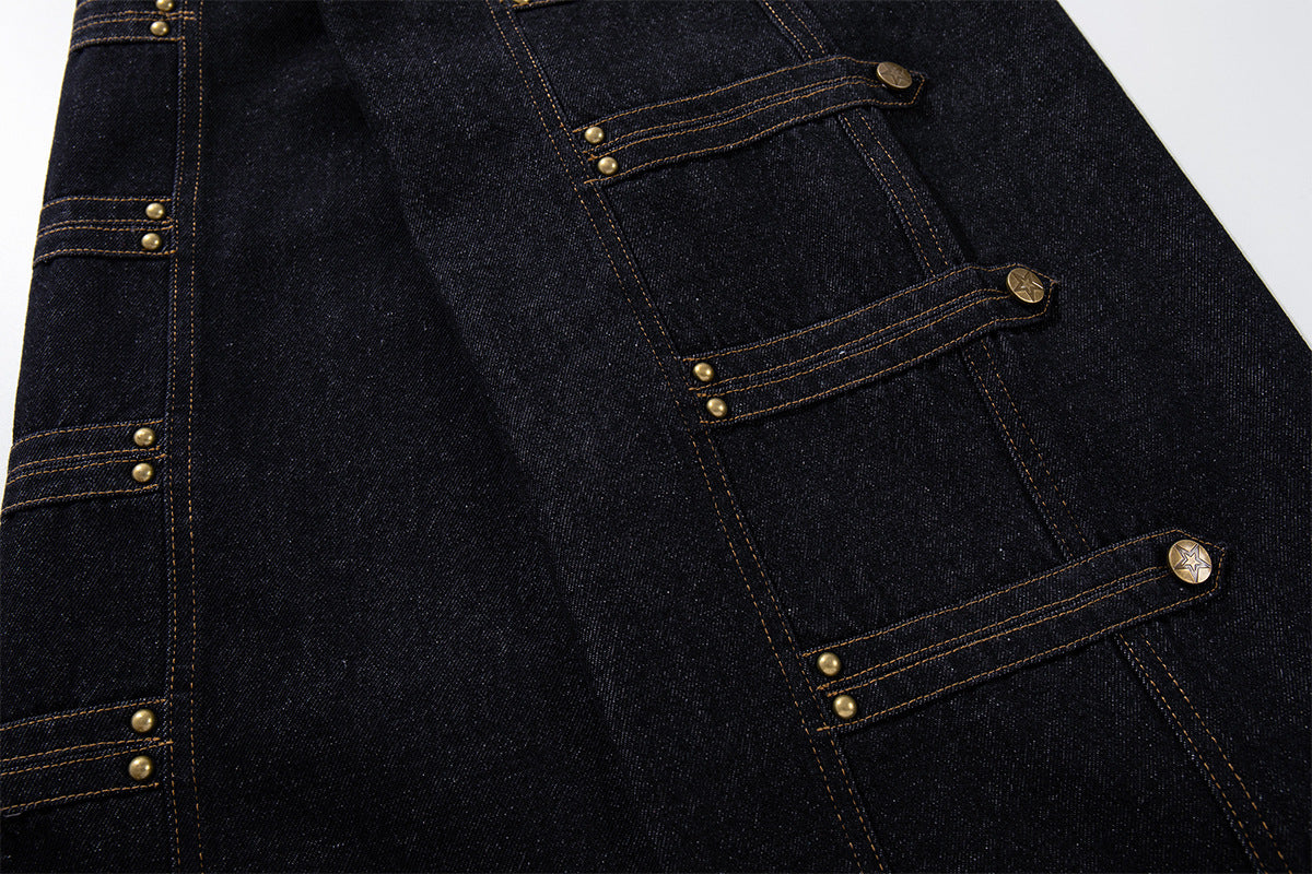 Jean brut baggy à jambes larges, pantalon cargo avec braguette à boutons dorés et détails cloutés