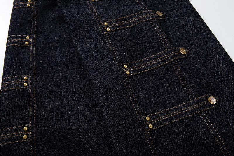 Jean brut baggy à jambes larges, pantalon cargo avec braguette à boutons dorés et détails cloutés