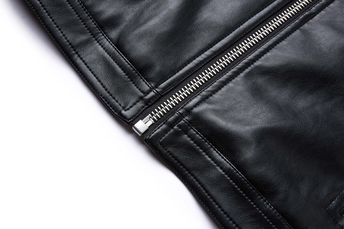 Black PU Leather Moto Jacket – Vintage Biker Style with Stand Collar & Silver