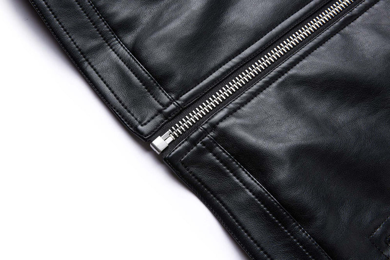 Black PU Leather Moto Jacket – Vintage Biker Style with Stand Collar & Silver