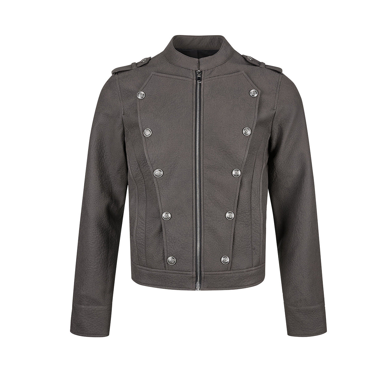 Military-Style Faux Leather Jacket with Double-Breasted Buttons & Zip Front