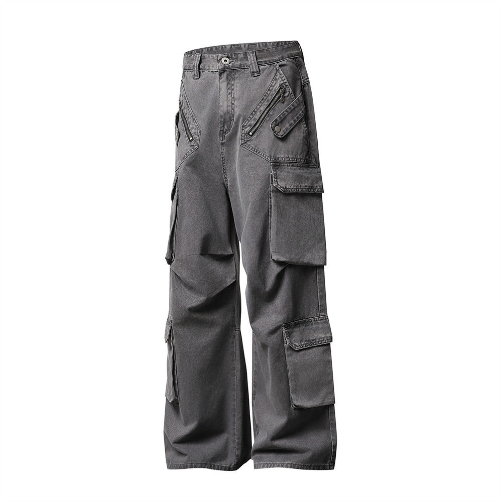 Wide-Leg Cargo Pants – Multi-Pocket Washed Vintage Streetwear Trousers