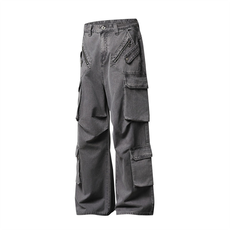 Wide-Leg Cargo Pants – Multi-Pocket Washed Vintage Streetwear Trousers