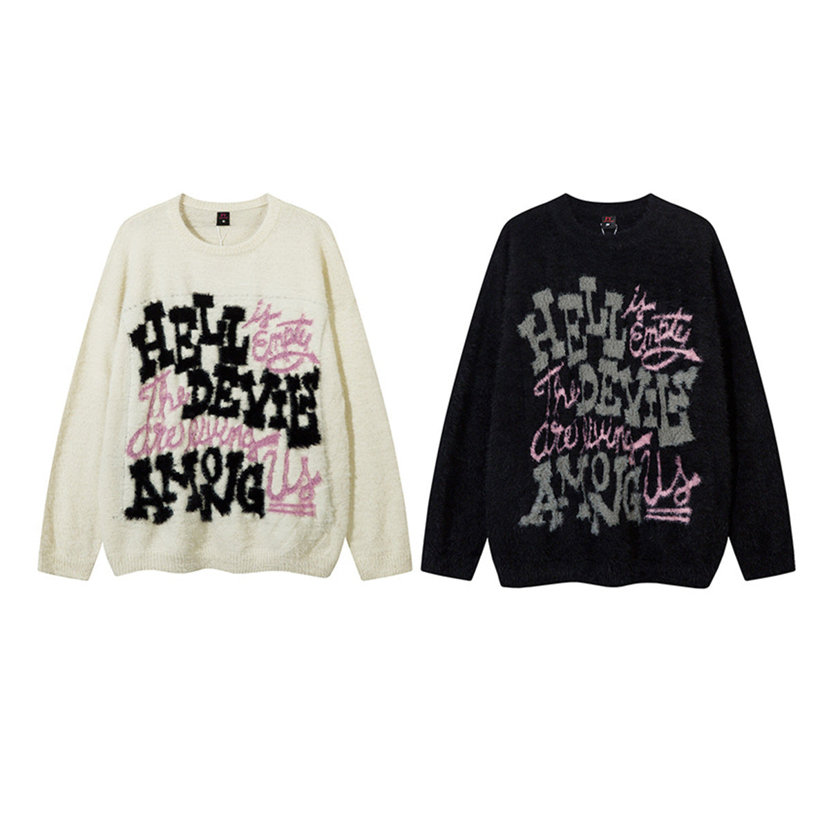 Pull oversize en maille jacquard à lettrage graffiti, écru et noir, imprimé « Hell Is Empty Devils Among Us »