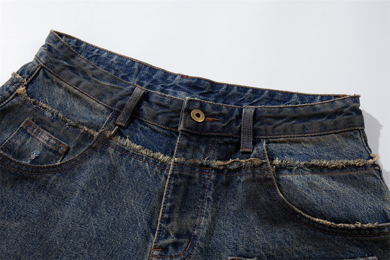 Ripped Wide-Leg Denim Shorts – Distressed Cargo Pocket Washed Jorts