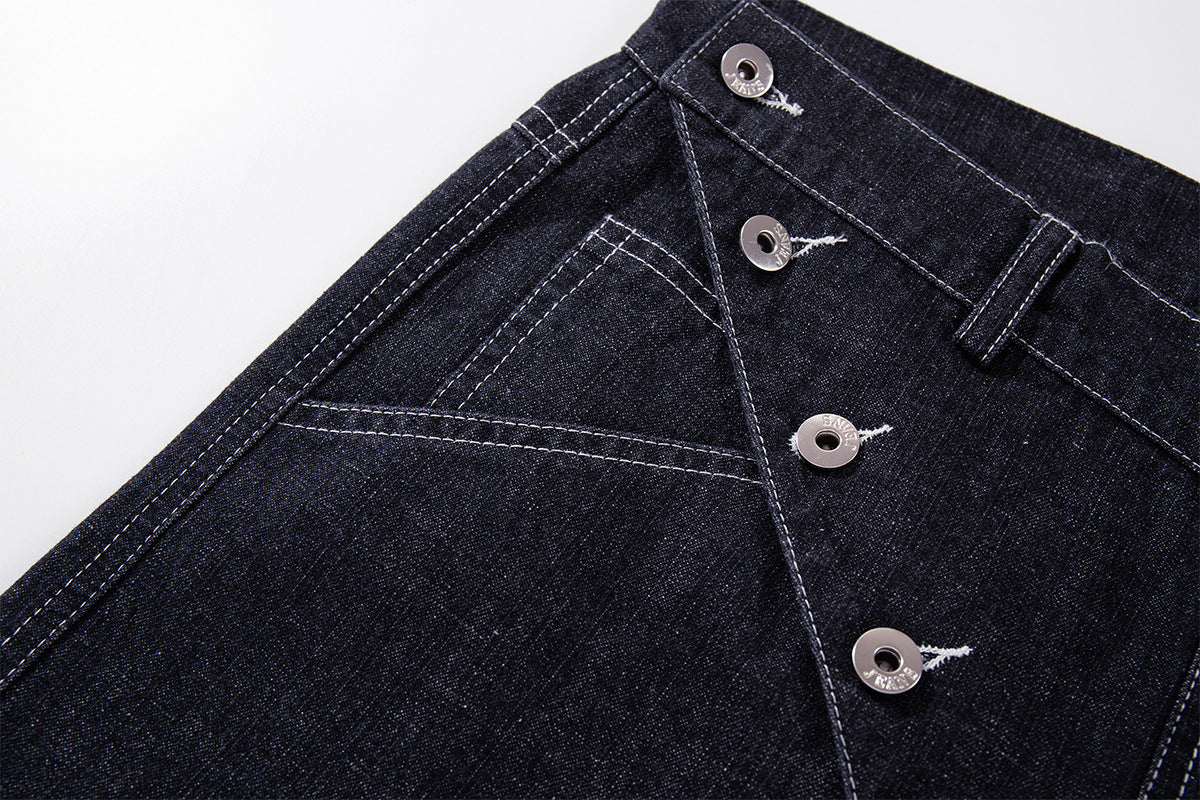 Vaqueros baggy de pierna ancha, lavado oscuro, bragueta diagonal de botones y denim crudo
