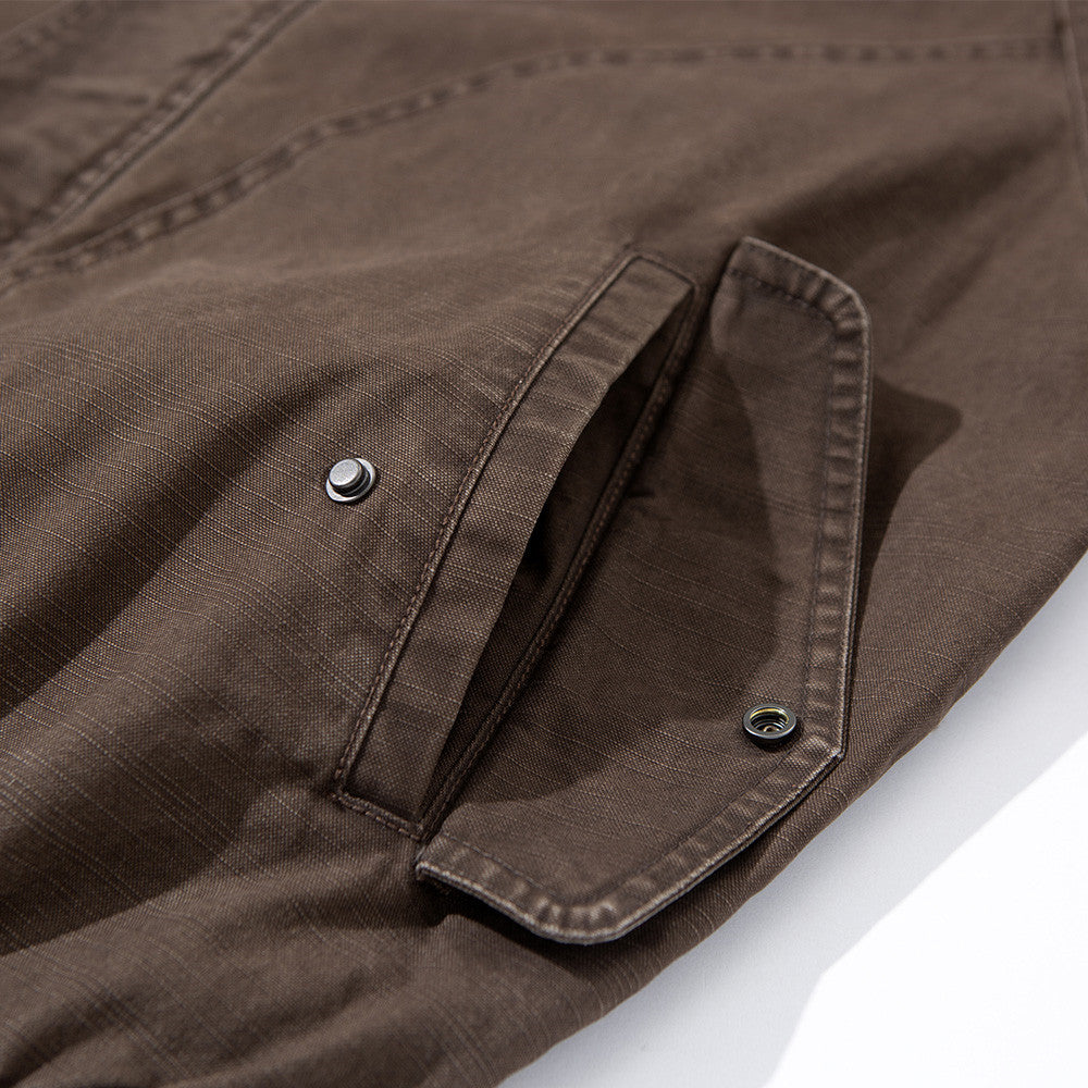 Vintage Washed Workwear Bomber Jacket – Relaxed Fit Snap-Button Harrington