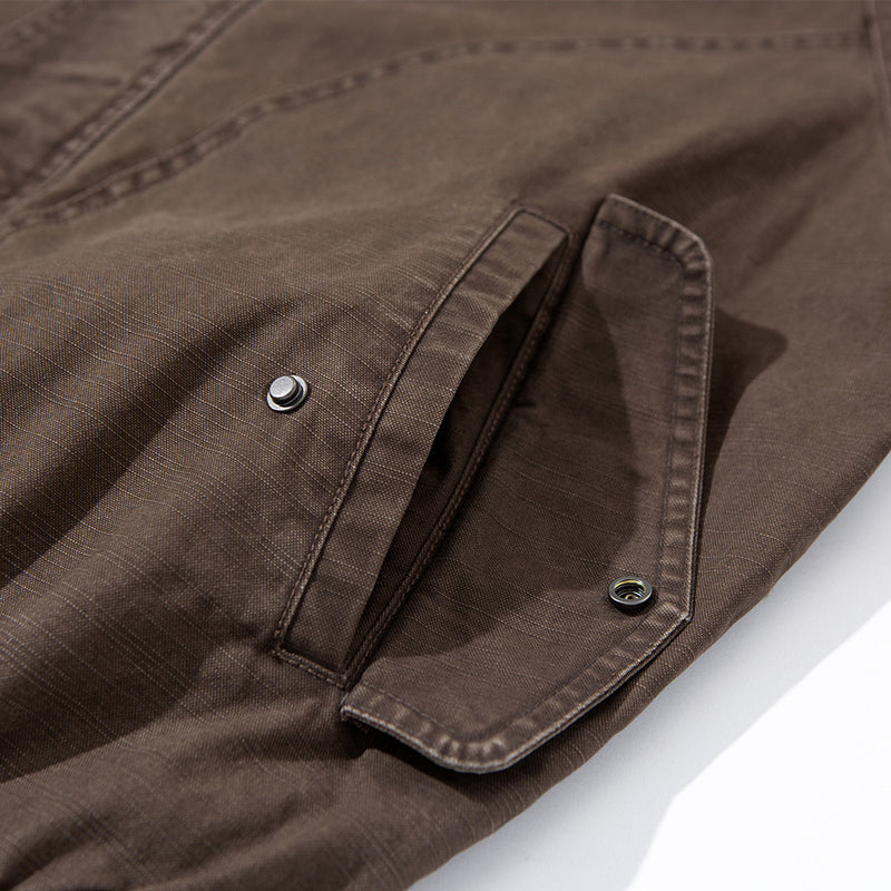 Vintage Washed Workwear Bomber Jacket – Relaxed Fit Snap-Button Harrington