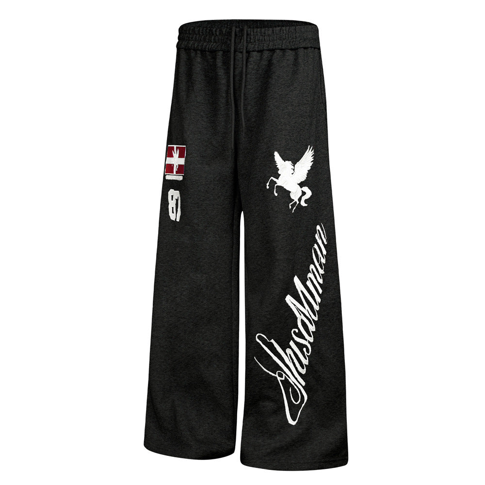 Wide-Leg Sweatpants with Pegasus Embroidery & Letter Patch – Men's Streetwear