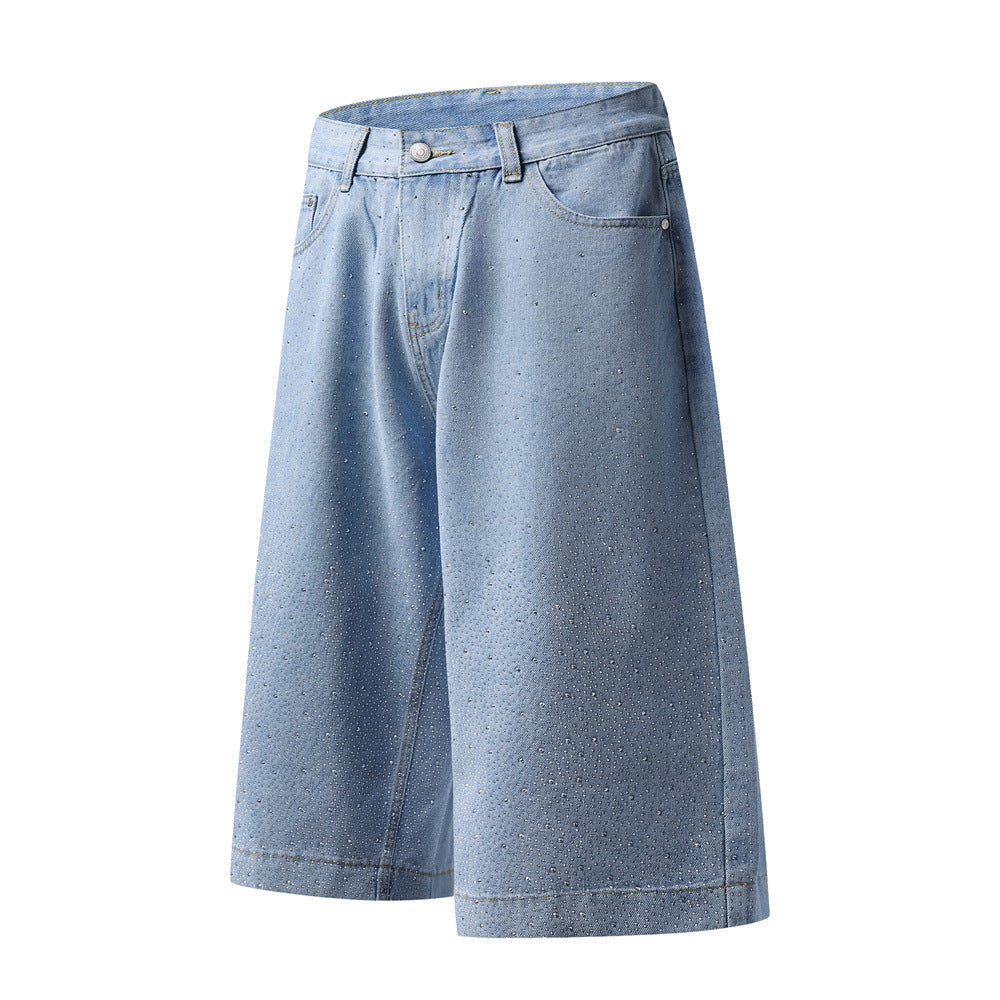 Wide-Leg Denim Shorts with Allover Rhinestone Detail – Men's Cropped Jean Shorts