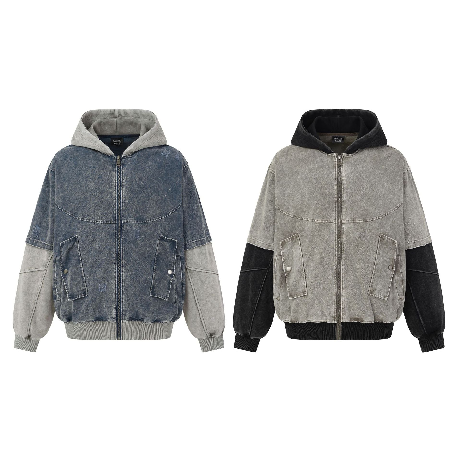 Chaqueta bomber con capucha y lavado ácido en dos tonos – Efecto falso conjunto oversize