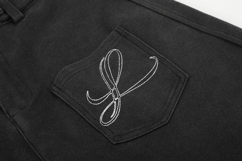 Pantalon habillé à jambes larges – Coupe baggy délavée avec poches brodées et ceinture croisée