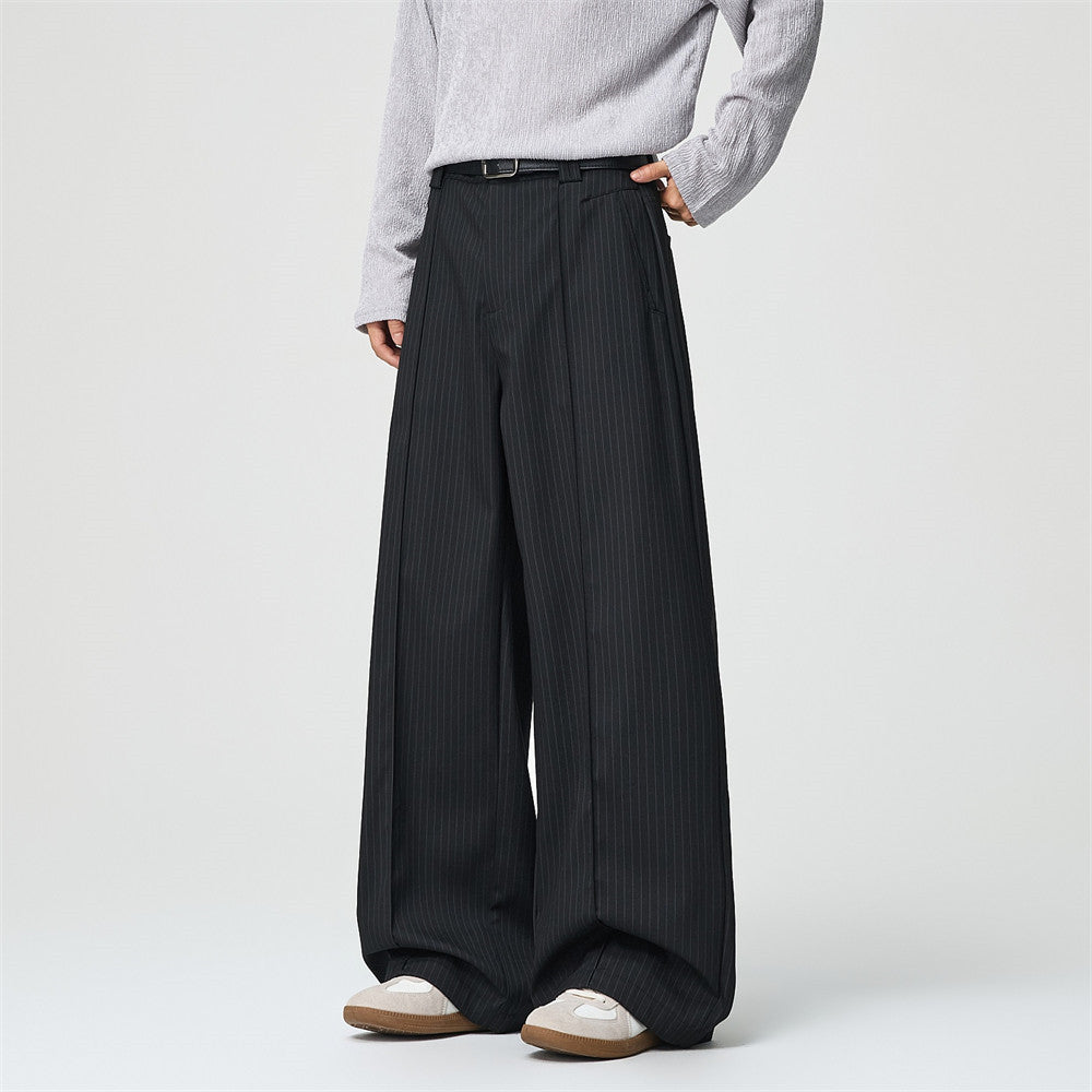 Black Pinstripe Wide-Leg Trousers – Pleated Relaxed Fit Dress Pants