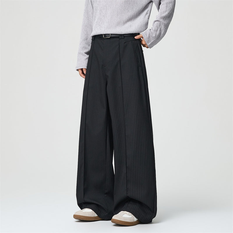 Black Pinstripe Wide-Leg Trousers – Pleated Relaxed Fit Dress Pants