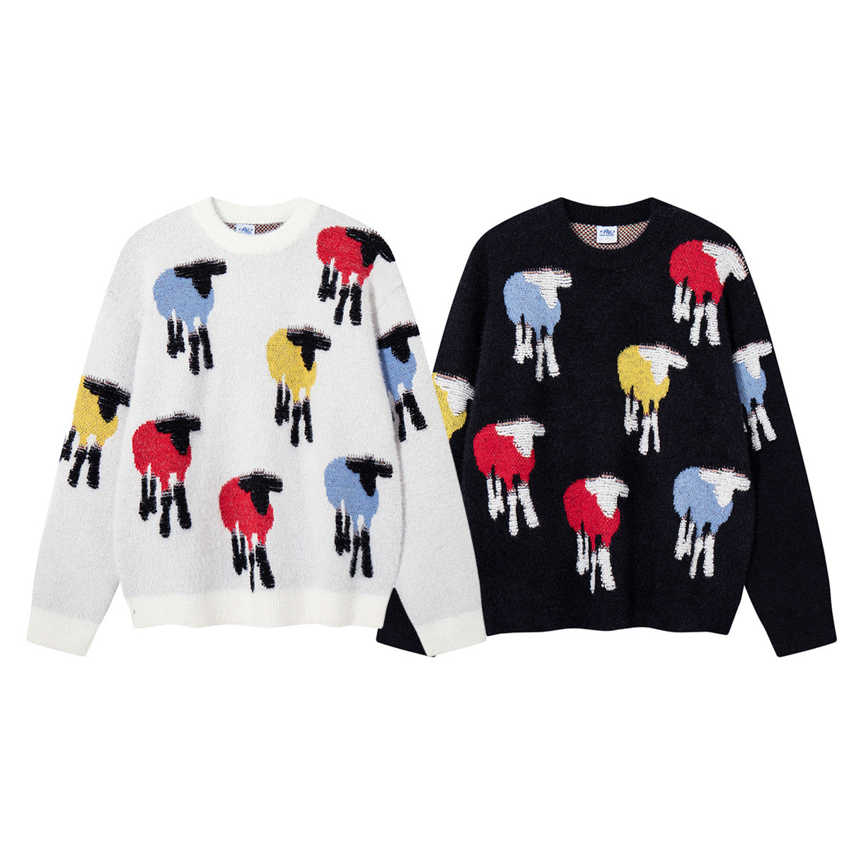 Colorful Sheep Jacquard Crew Neck Sweater – Relaxed Fit Knit