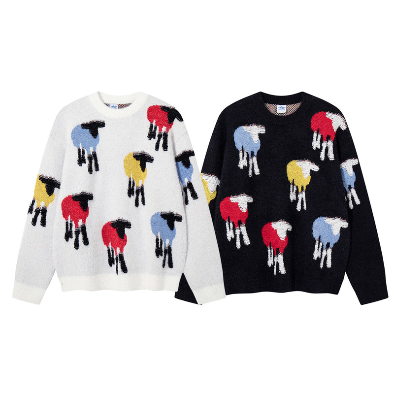 Colorful Sheep Jacquard Crew Neck Sweater – Relaxed Fit Knit