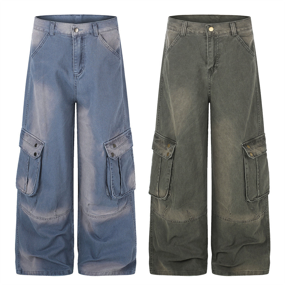 Wide-Leg Cargo Pants – Washed Denim Multi-Pocket Straight-Cut Trousers