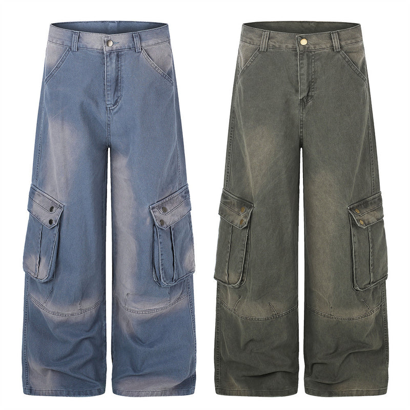 Wide-Leg Cargo Pants – Washed Denim Multi-Pocket Straight-Cut Trousers