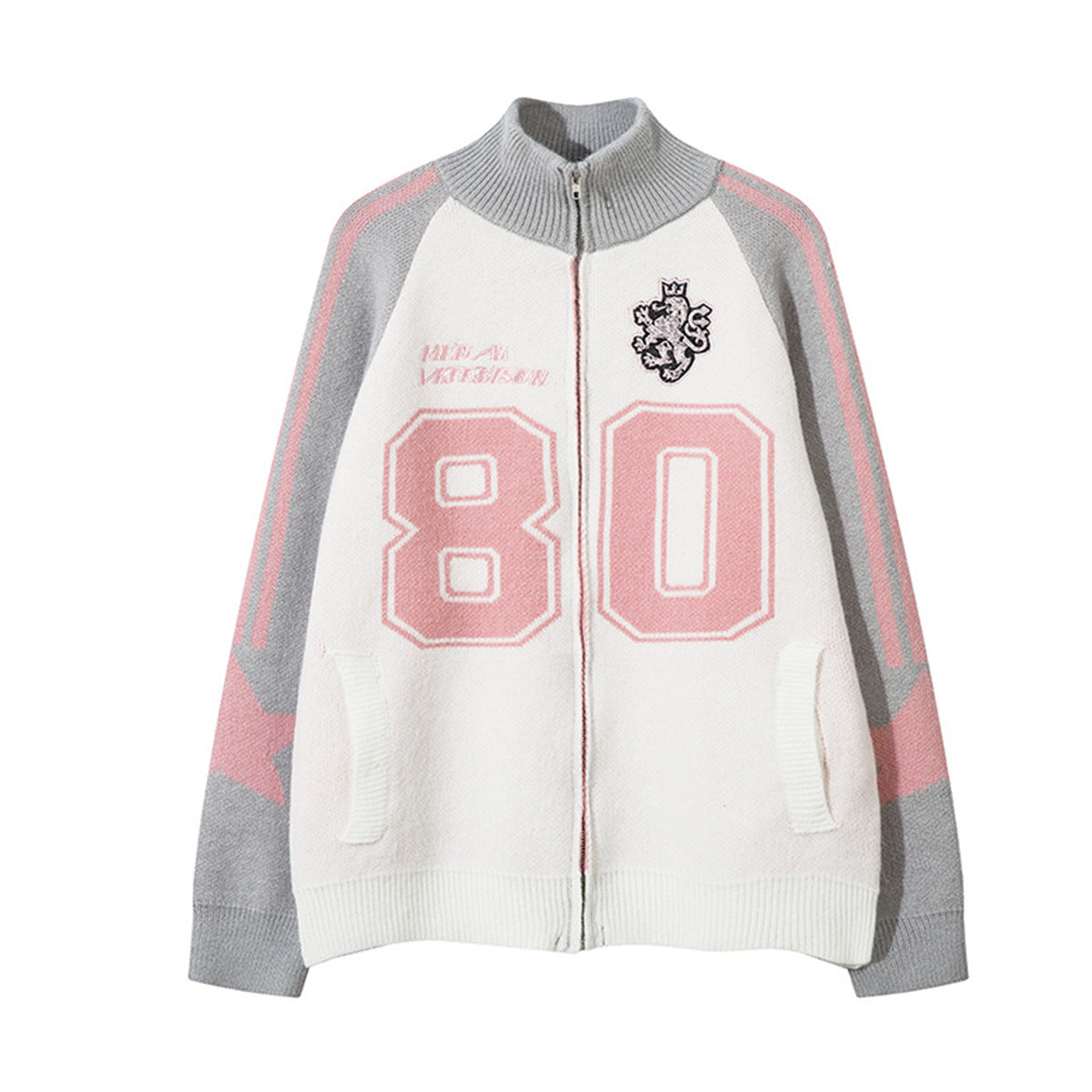 Varsity knit zip cardigan in white, grey, and pink colorblock with number 80 jacquard front and lion crest badge