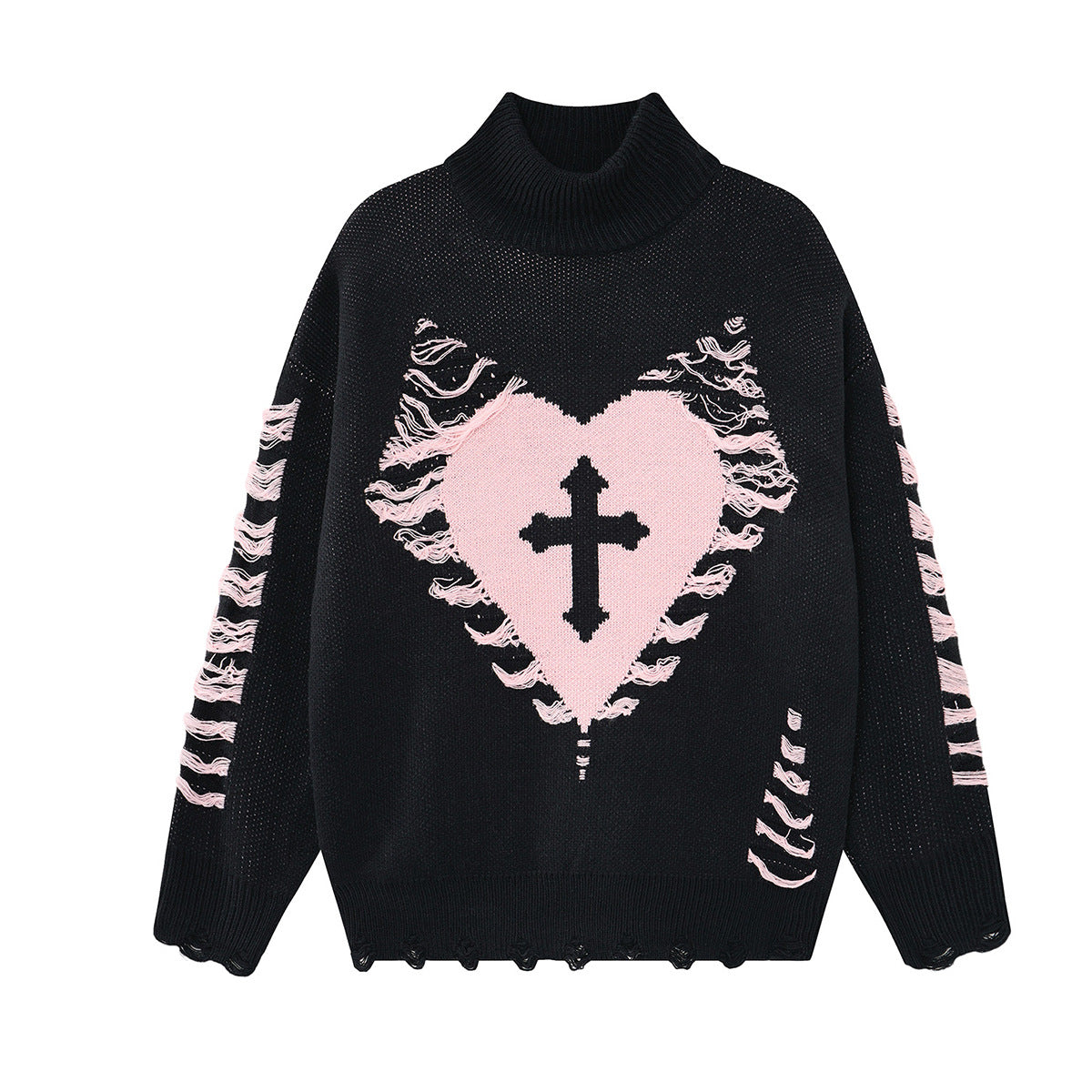 Pull noir à col roulé en maille, motif jacquard croix-cœur rose et manches à franges effet usé