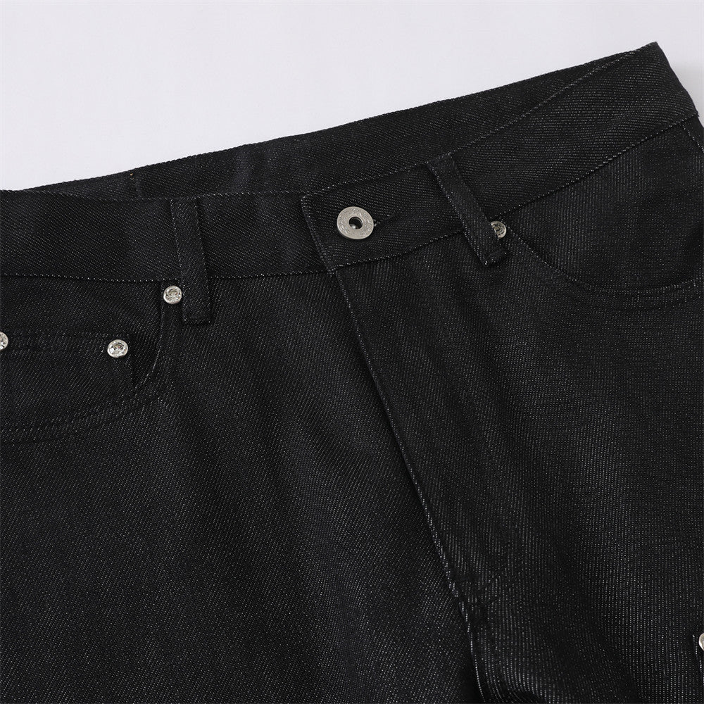 Black Baggy Flare Cargo Jeans – Wide Leg Denim with Rivet & Patch Detail