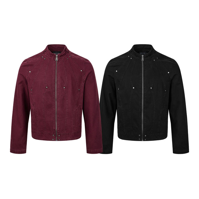 Washed Denim Moto Jacket – Studded Deconstructed Biker Style