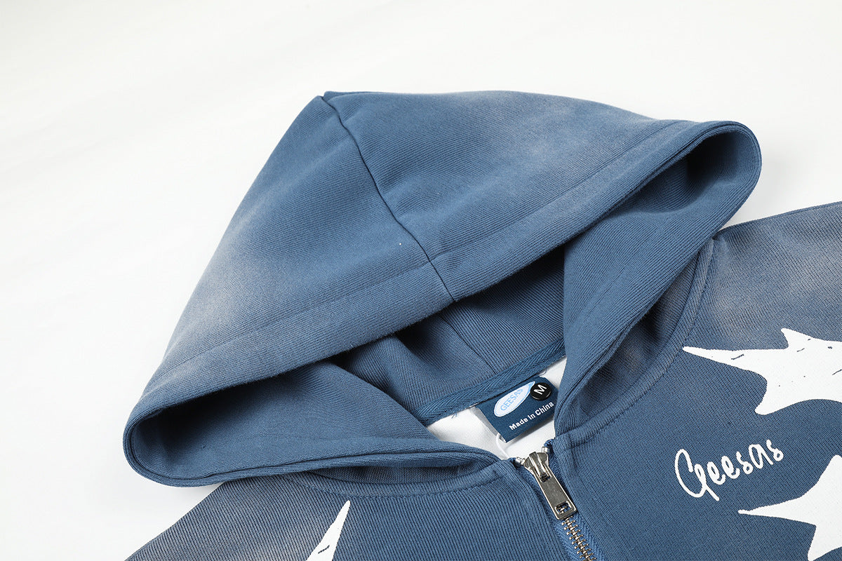 Sudadera Lavada con Cremallera y Estampado de Estrellas — Streetwear Vintage Azul Extragrande