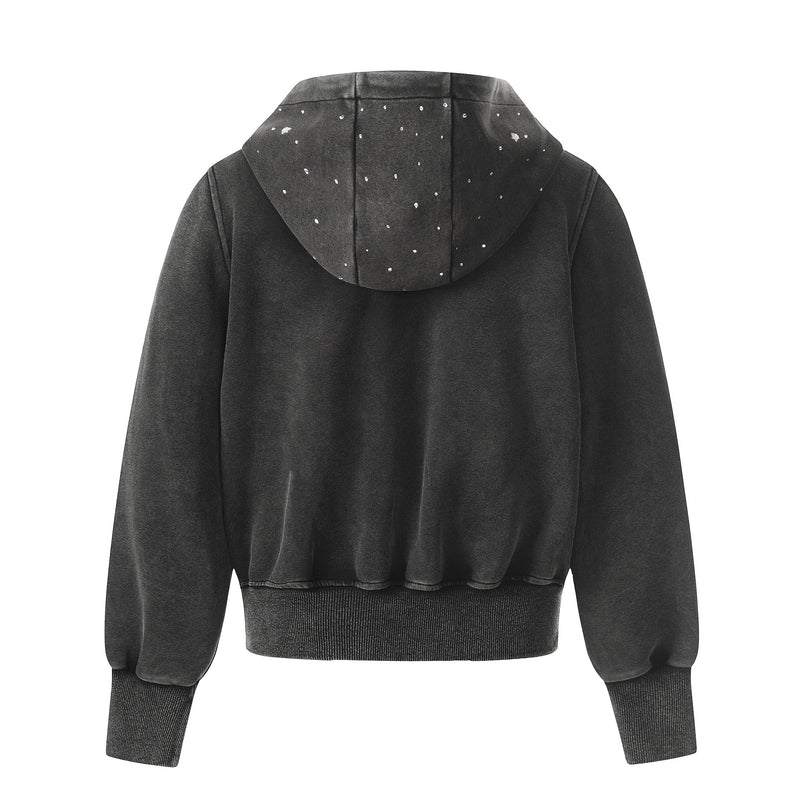 Sweat à capuche zippé Y2K délavé à l’acide avec étoiles doubles en strass – Coupe courte