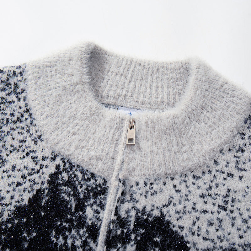 Katzen-Jacquard-Strick-Cardigan mit Reißverschluss – Oversized-Stehkragen