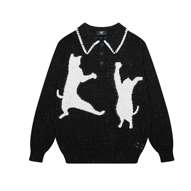 Cat Jacquard Polo Collar Openwork Knit Sweater – Unisex Korean Style