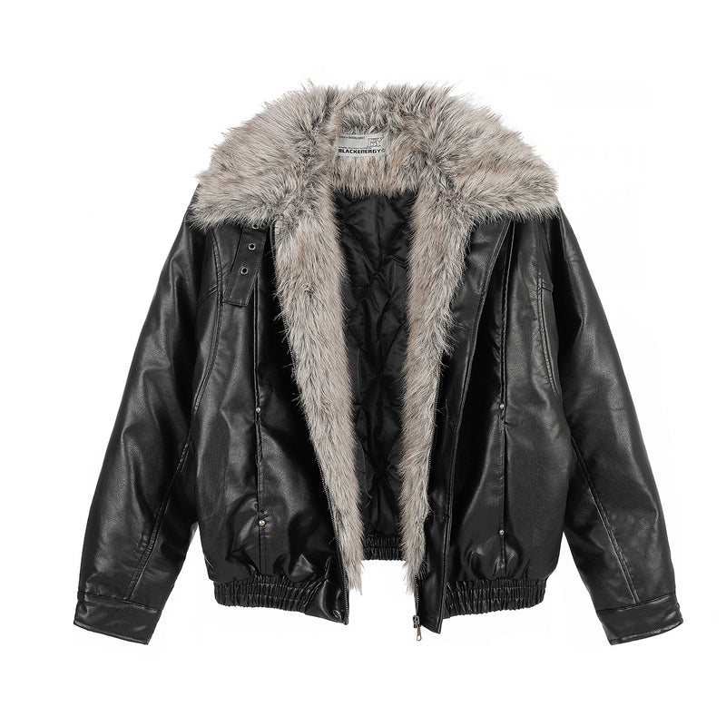 Open black faux leather bomber jacket showing gray fur trim and quilted lining