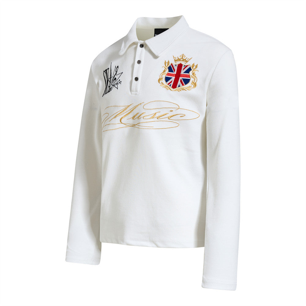 Men's Long-Sleeve Polo Shirt with Embroidered Music Badge & Union Jack Crest