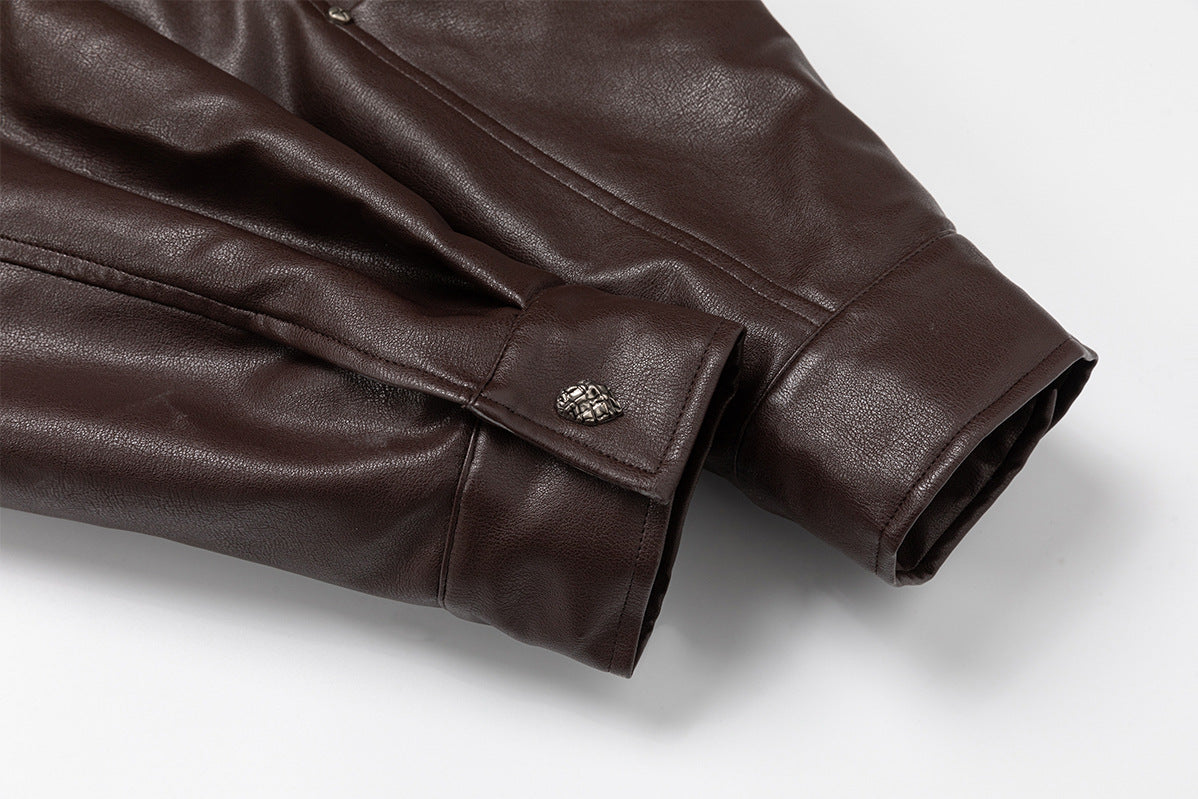 Vintage Double-Breasted Moto Leather Padded Jacket with Belt