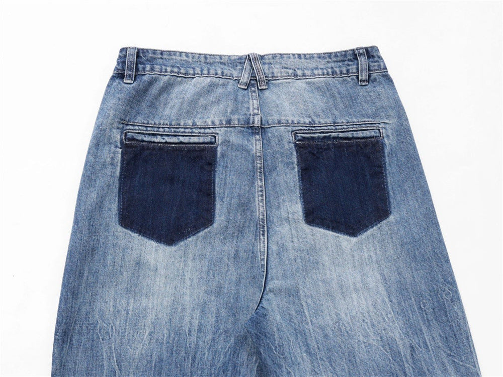 Wide-Leg Baggy Jeans – Washed Blue Curved Seam Design with Contrast Pocket
