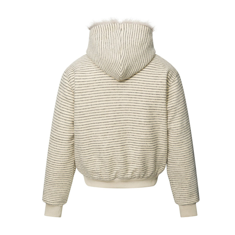 Striped Faux-Fur Hooded Zip-Up Bomber Jacket with Military Button Placket