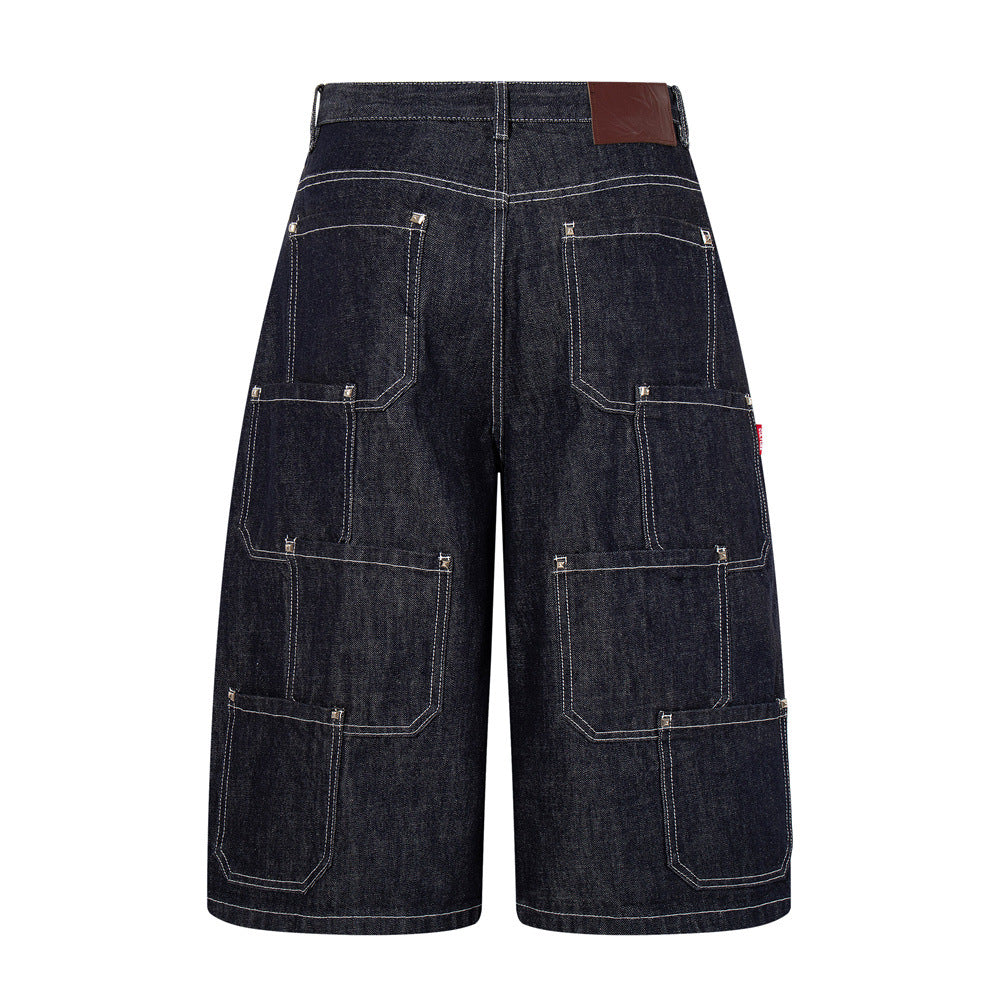 Wide-Leg Denim Cargo Shorts – Multi-Pocket Workwear Style