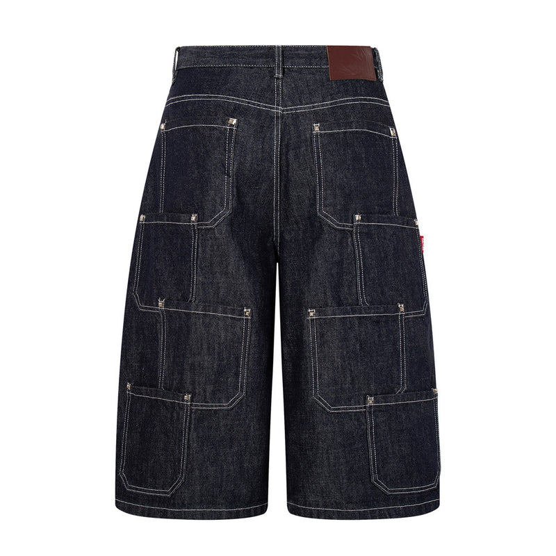 Wide-Leg Denim Cargo Shorts – Multi-Pocket Workwear Style