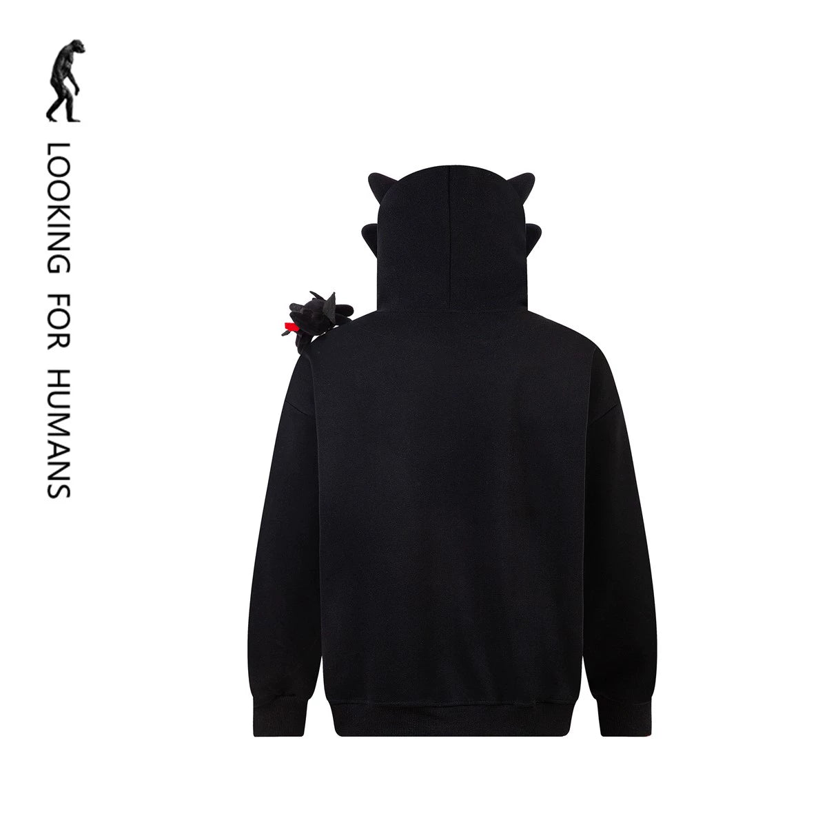 The Seakoff Cute Night Fury Dragon Hoodie, styled after the beloved dragon with 3D ears and a small black plush on the shoulder, features &quot;LOOKING FOR HUMANS&quot; text and a silhouette. Perfect for anime fans!.