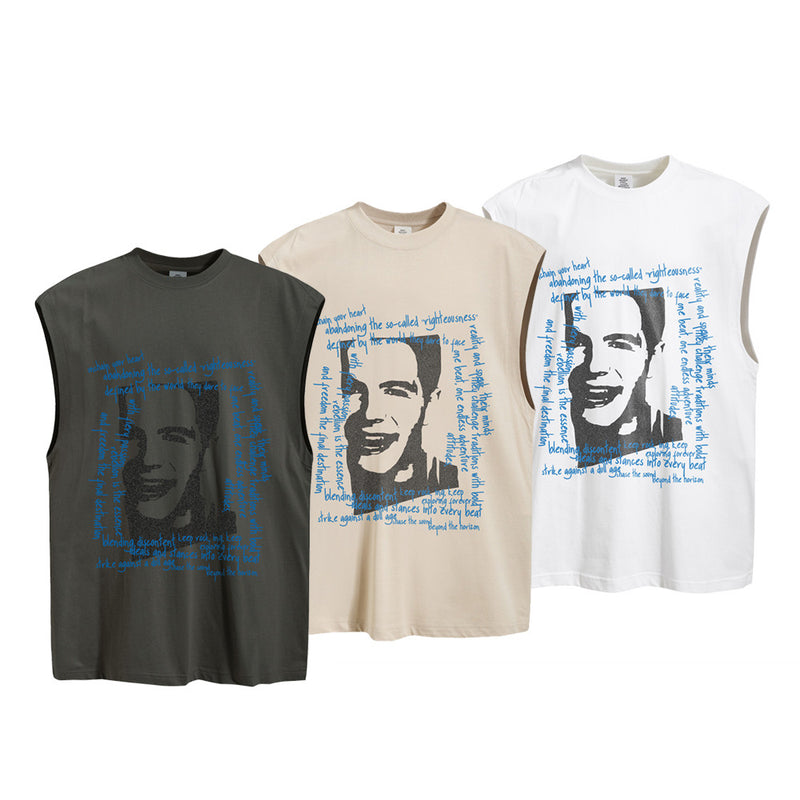 Oversized Sleeveless Tank Top with Vintage Portrait & Lyric Print