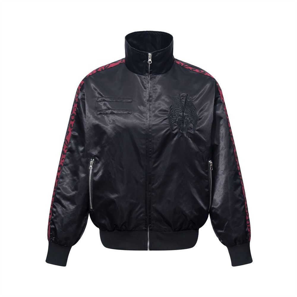 Men's Heavy Embroidery Stand Collar Satin Track Jacket with Tape Sleeves