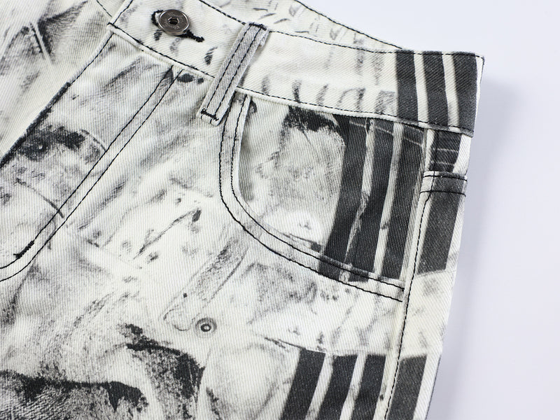Jean wide leg effet usé – Blanc délavé imprimé 3D, coupe baggy déchirée