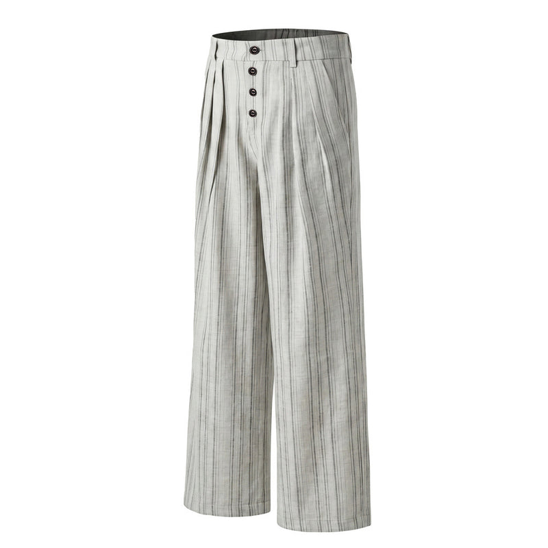 Pantalones de pierna ancha de rayas con pinzas – Corte relajado y cierre frontal de botones