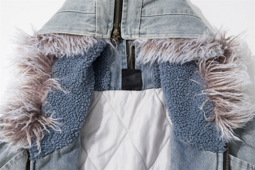 Washed Denim Hooded Bomber Jacket with Faux Fur Collar – Padded Winter Coat