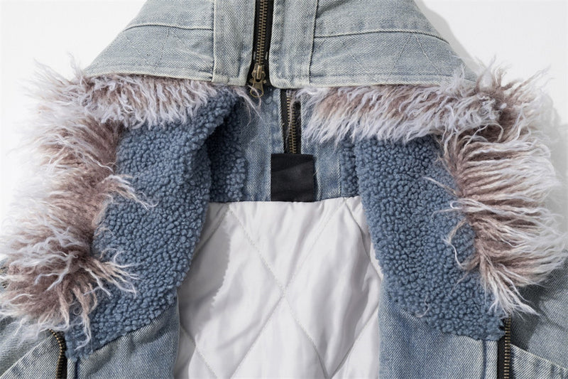 Washed Denim Hooded Bomber Jacket with Faux Fur Collar – Padded Winter Coat
