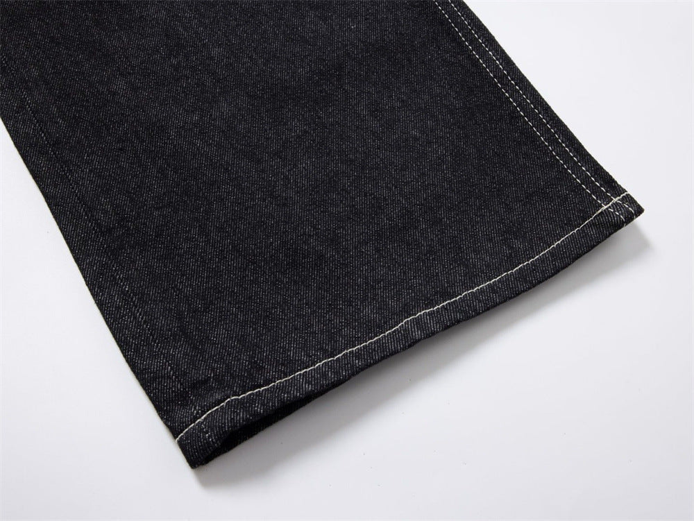 Black Wide-Leg Jeans – Metal Hook Closure & Contrast Stitching Streetwear Denim