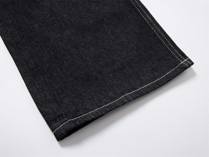 Black Wide-Leg Jeans – Metal Hook Closure & Contrast Stitching Streetwear Denim